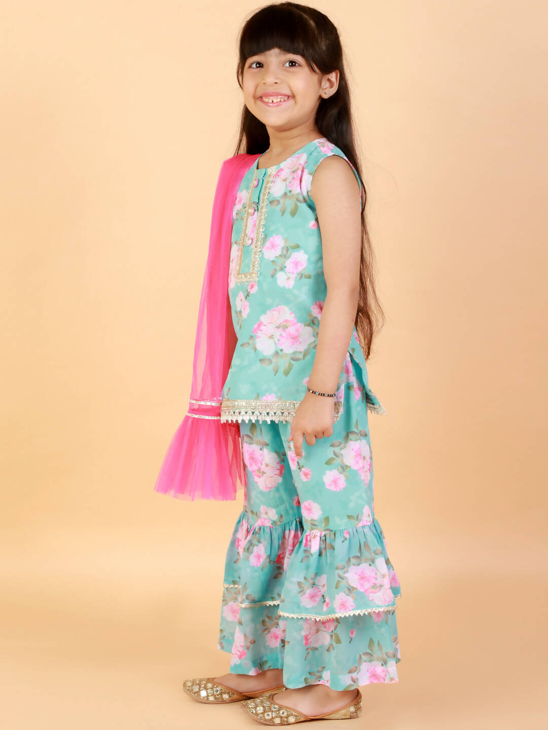 Lil Drama Girls Kurta With Sharara & Dupatta Set - Blue - Distacart