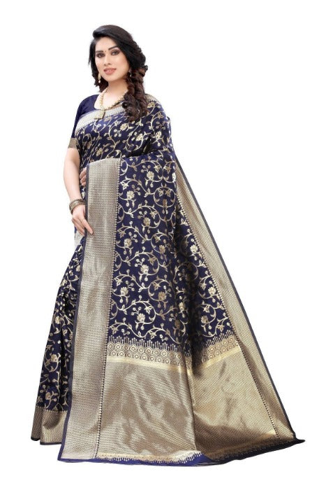 Vamika Banarasi Jacquard Weaving Navy Blue Sarees