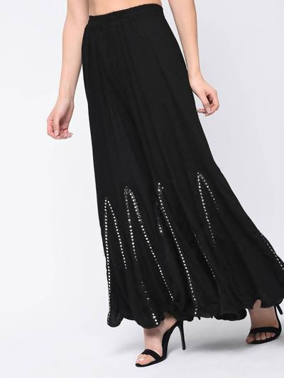 Mominos Fashion Black Viscose Rayon Flared Palazzo with Mirror Lace Work - Distacart