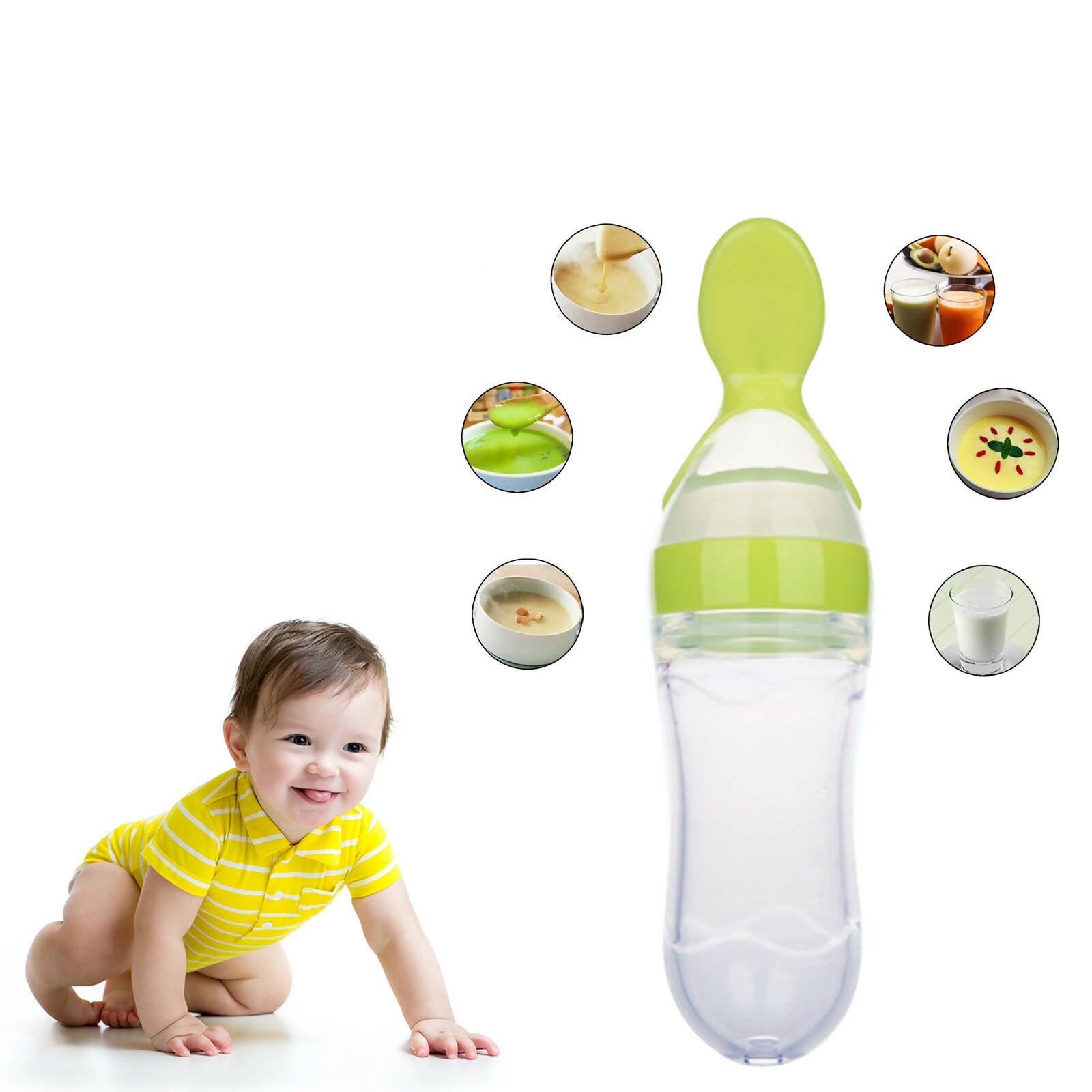 Safe-O-Kid Easy Set of 2 Squeezy Silicone Food Feeder Spoon (Soft Tip) Bottle- Green- 90mL - Distacart