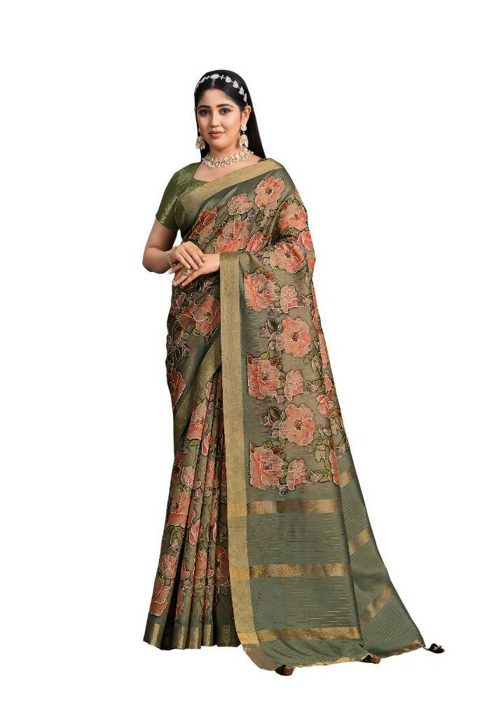 Coffee Mustard Tusser Silk Floral Printed With Embroidered Work Saree With Unstitched Blouse - Mohmanthan Aahana - Distacart