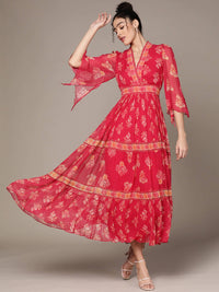 Thumbnail for Ritu Kumar Rose Pink & Mustard Yellow Floral Print V-Neck Flared Sleeves Empire Midi Dress - Distacart