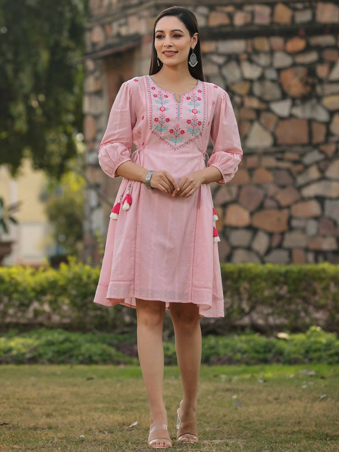 Juniper Women's Pink Cotton Dobby Embroidered Flared Dress - Distacart