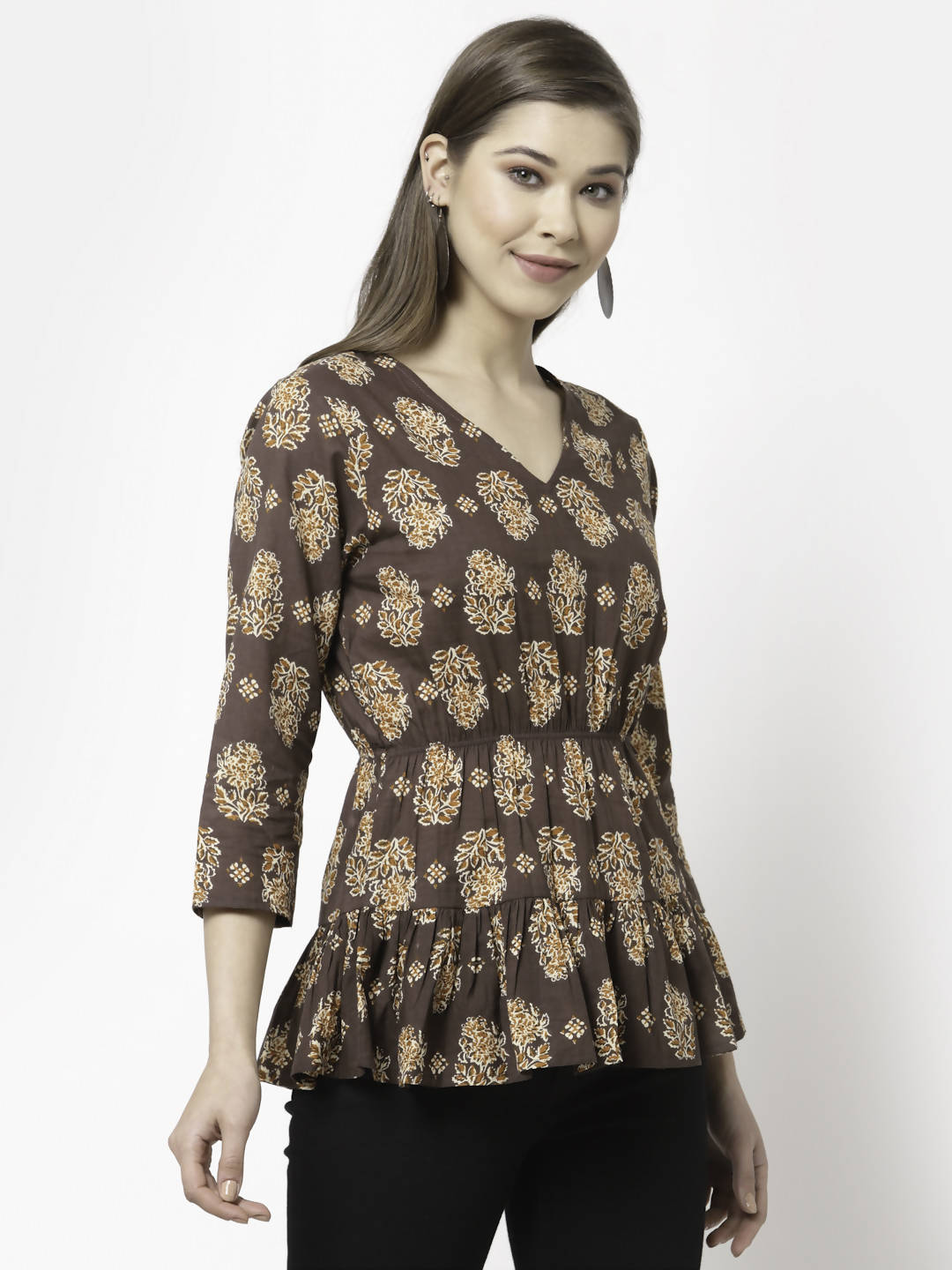 Myshka Printed 3/4 Sleeve V-Neck Casual Pure Cotton Top For Women
