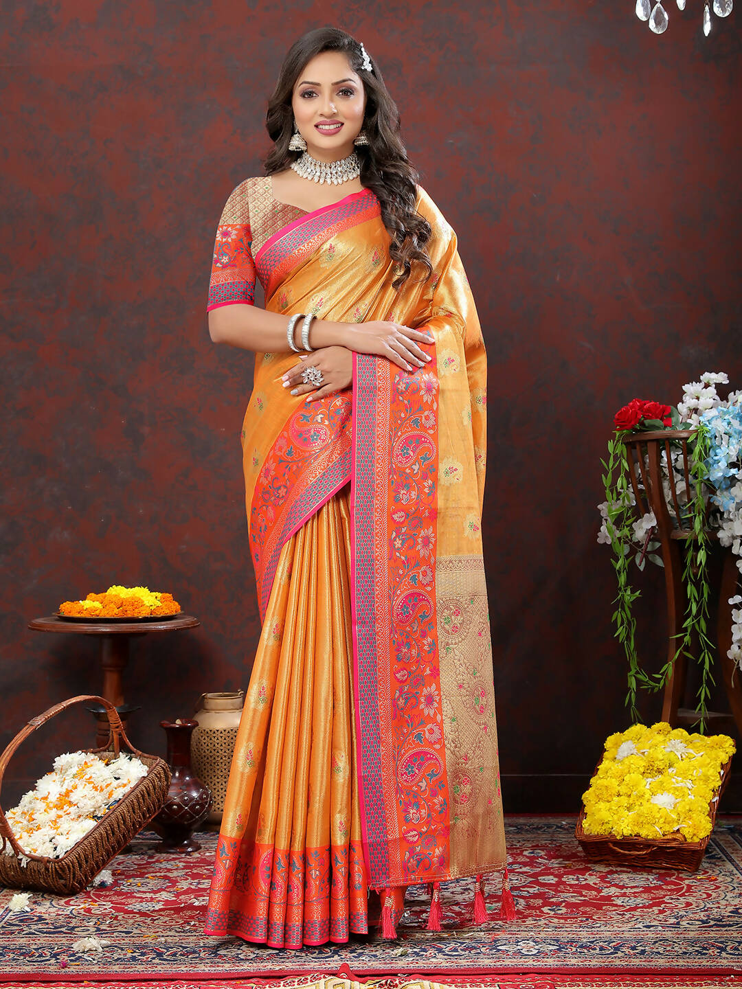 Lorenvalley Fashion Orange Kanjivaram Silk Woven Design with Zari Weaving Saree - Distacart
