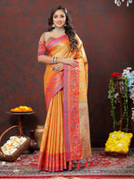 Thumbnail for Lorenvalley Fashion Orange Kanjivaram Silk Woven Design with Zari Weaving Saree - Distacart