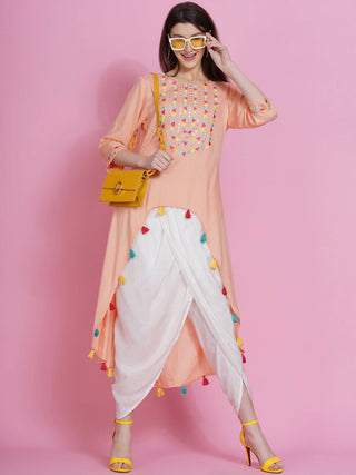Women Republic Peach Rayon Embroidered Kurta With Mirror Work And Tulip Pants - Distacart