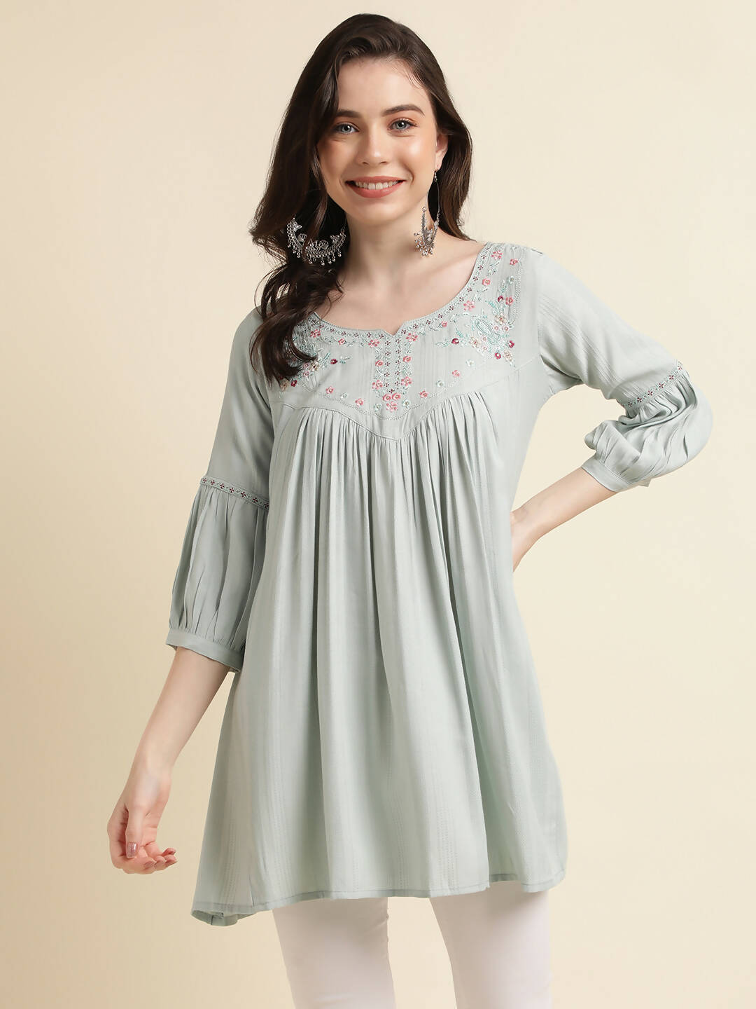 Light Blue Poly Cotton Yoke Embroidered A-line Top - Tarini - Distacart