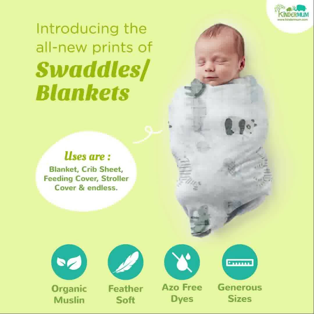 Kindermum Organic Cotton Muslin Swaddle Blanket 100 Cm X 100 Cm - Set Of 2 - Jungle Safari And Tiny Animals - Distacart