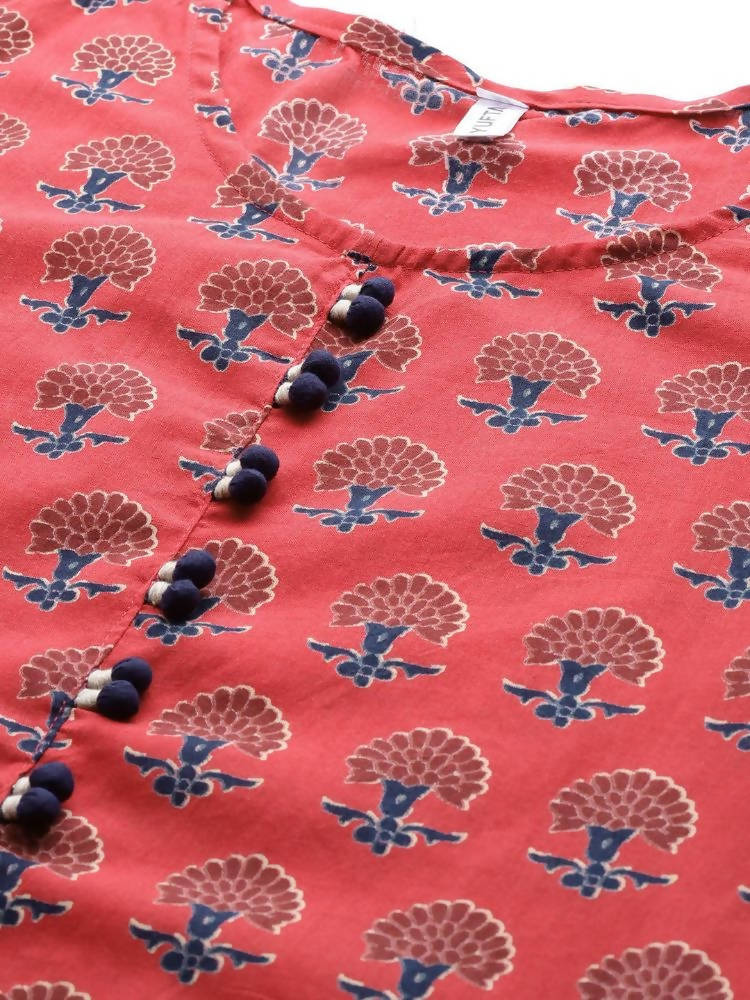 Yufta Women Red Pure Cotton Handblock Print Kurta with Trouser & Dupatta