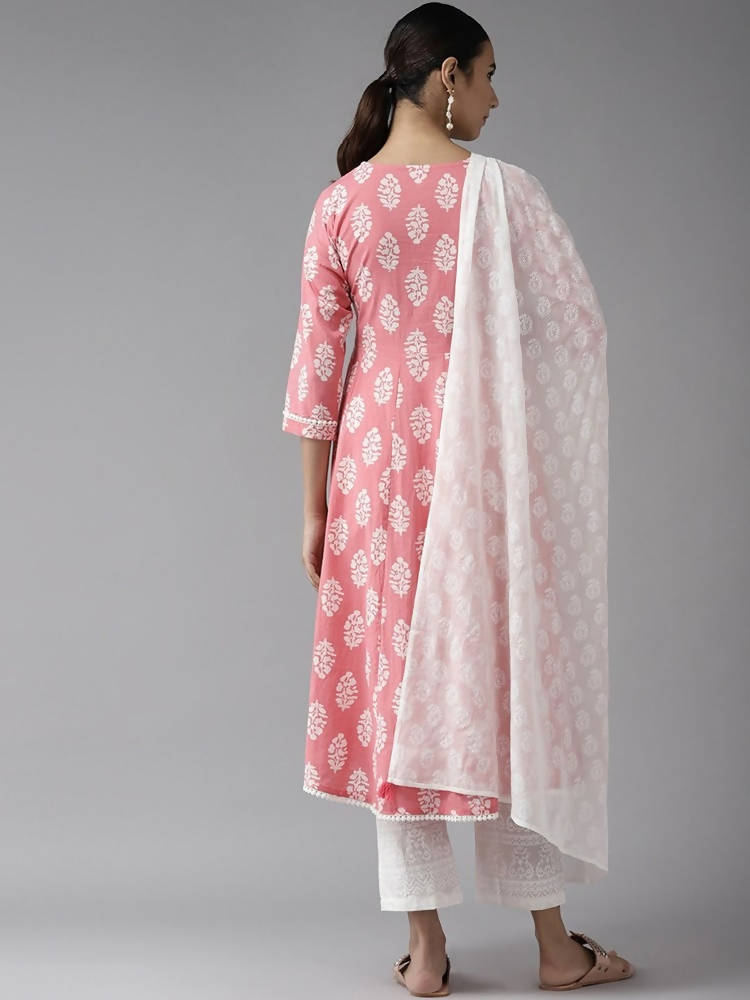 Yufta Pink and White Block Print A-line kurta with Palazzo & Dupatta Set