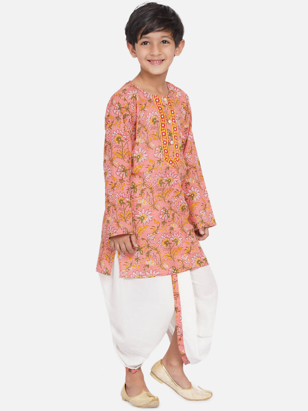 Little Bansi Bengali Kantha work floral kurta with Dhoti - Pink and White