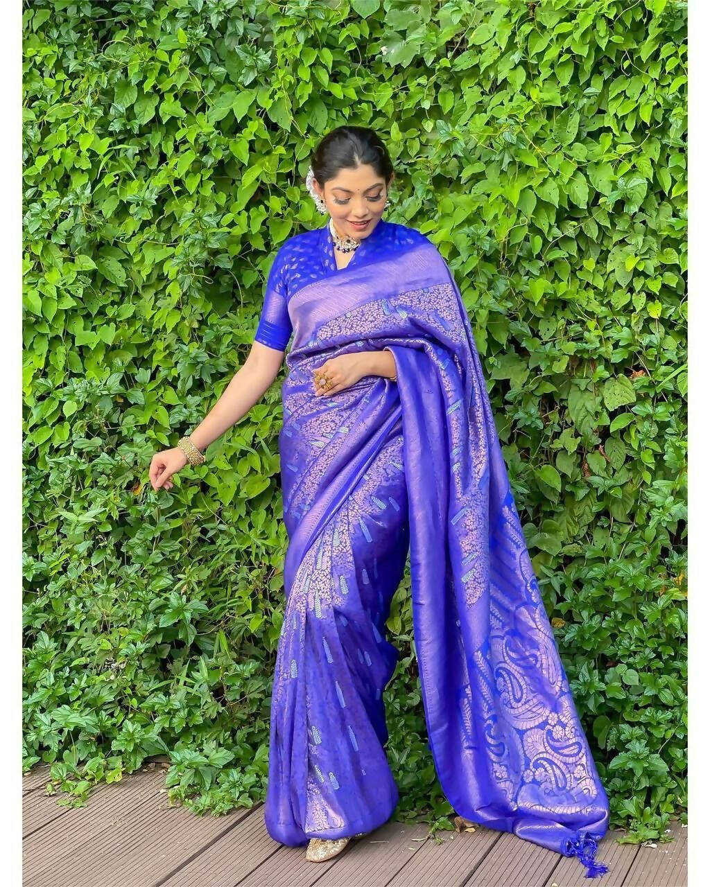 DEIANA'S Beautiful Golden Jari with New Design Soft Lichi Silk Saree - Royal Blue - Distacart
