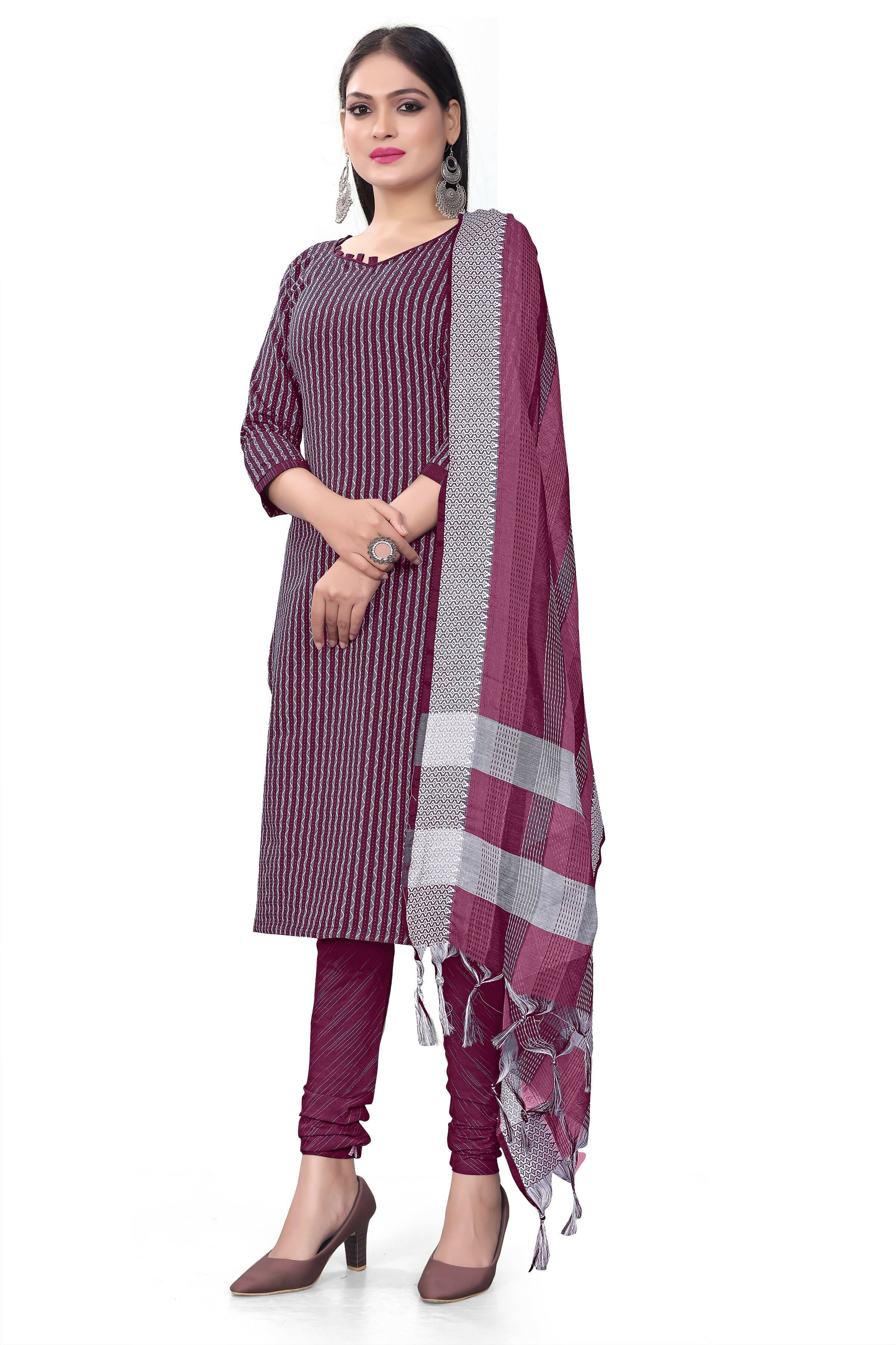 Wine Cotton Jacquard Woven Unstitched Dress Material - Amara - Distacart