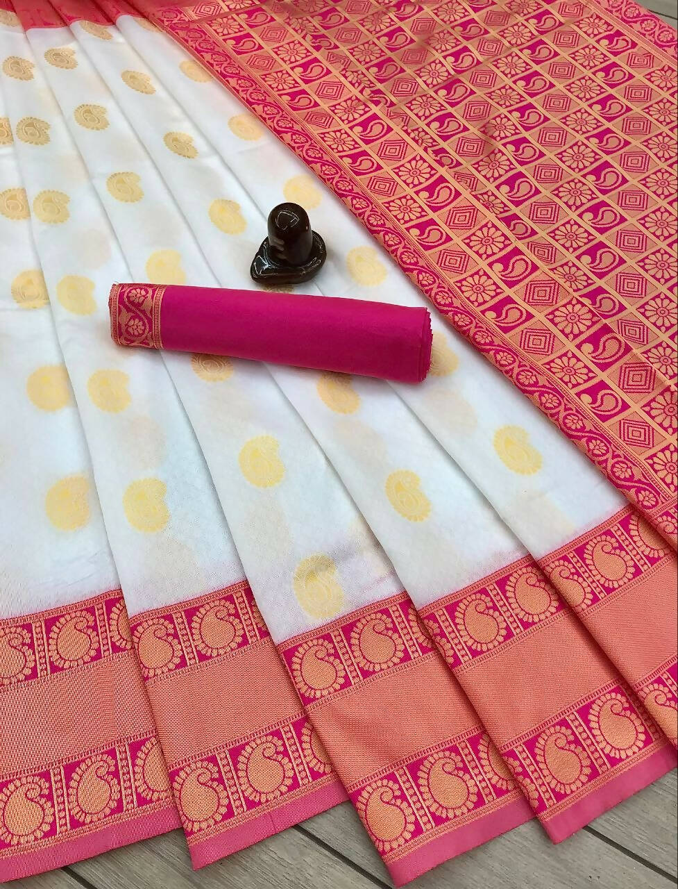 DEIANA'S Beautiful Golden Jari with New Design Soft Lichi Silk Saree - White - Distacart