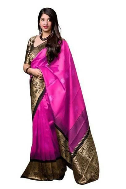 DEIANA'S Beautiful Golden Jari with New Design Soft Lichi Silk Saree - Pink - Distacart