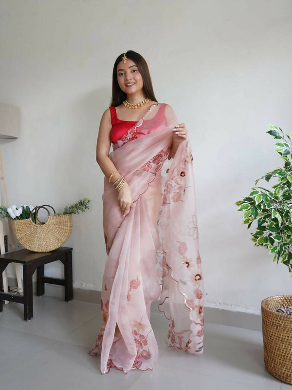 Vamsee Peach Organza Saree - Distacart