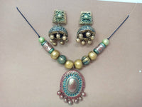 Thumbnail for Terracotta Boho Style Mini Necklace Set With Jhumkas-Green