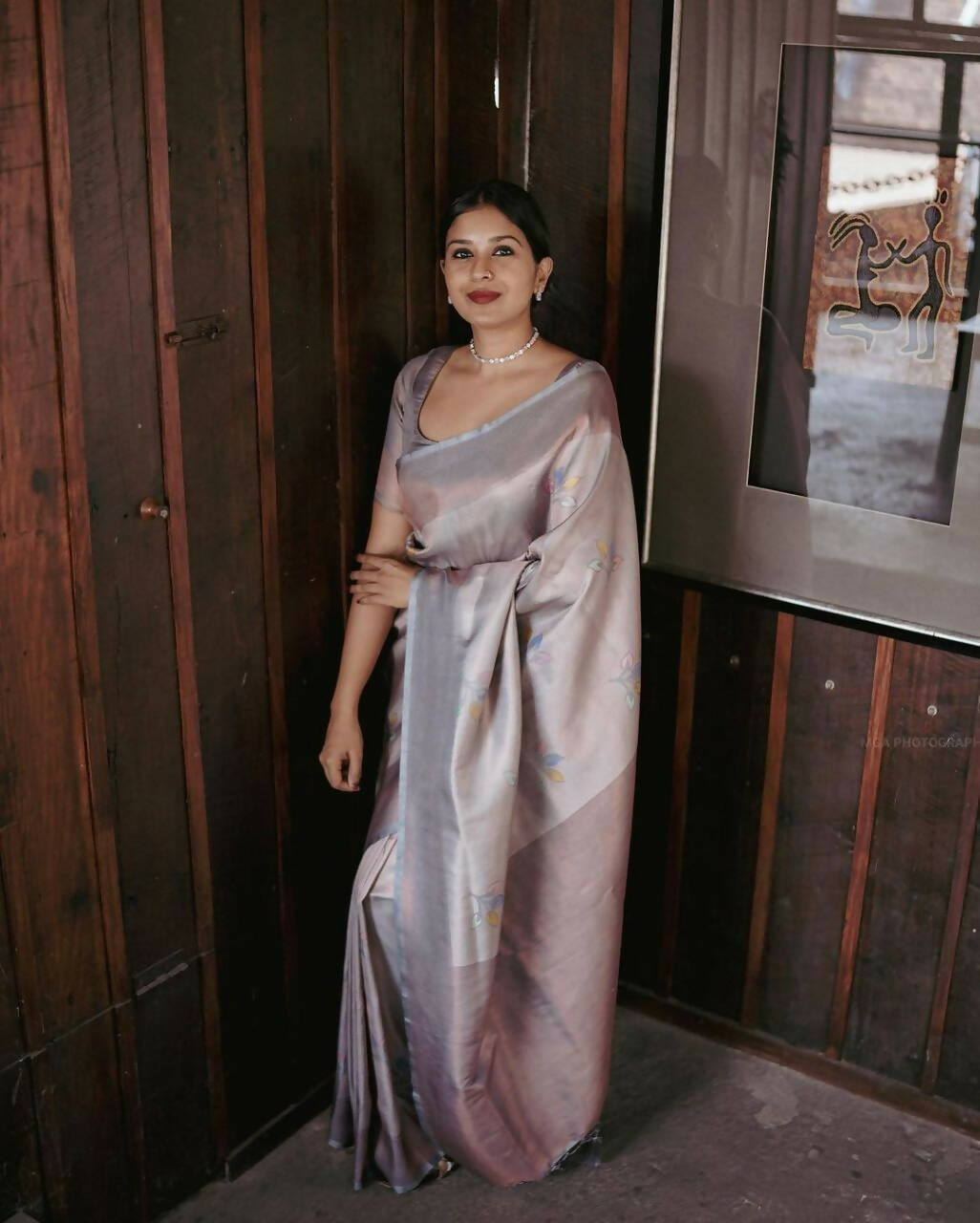 DEIANA'S Beautiful Golden Jari with New Design Soft Lichi Silk Saree - White - Distacart