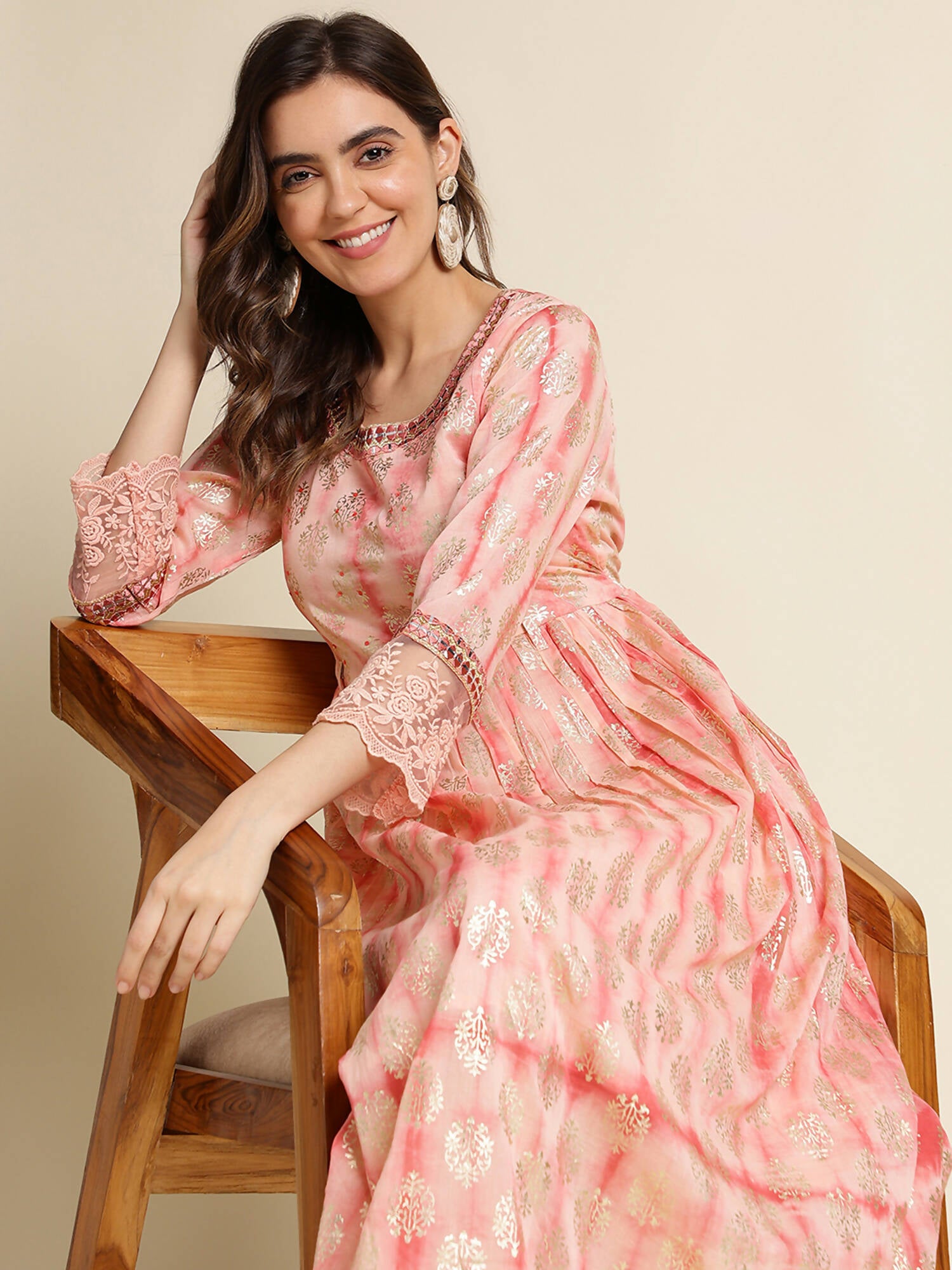 Peach Cotton Paisley Printed Fit & Flare Dress - Yukti - Distacart