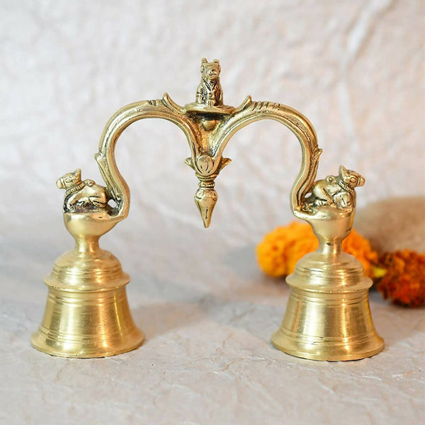 CraftVatika Gold-Toned Brass Hand Held With Nandi Sitting On Top Double Puja Bell - Distacart