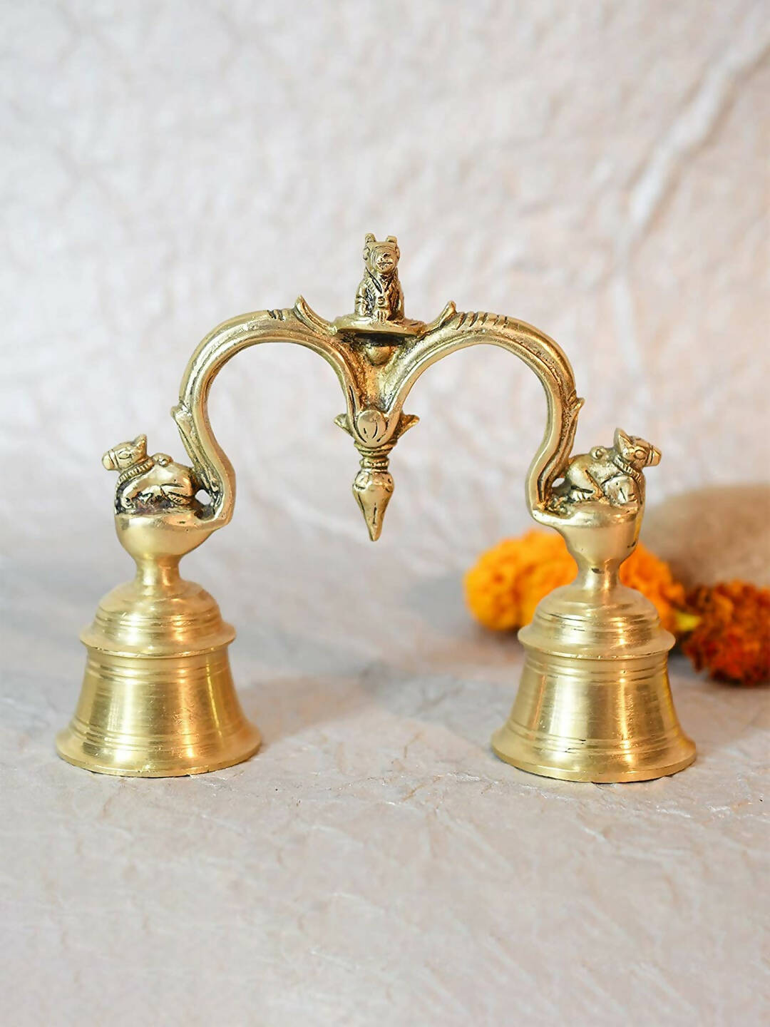 CraftVatika Gold-Toned Brass Hand Held With Nandi Sitting On Top Double Puja Bell - Distacart