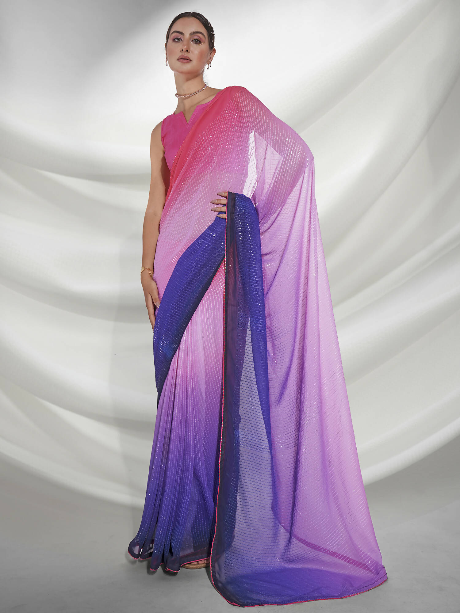 Pink Georgette Sequence Embroidery Saree With Unstitched Blouse Piece - Rajal - Distacart