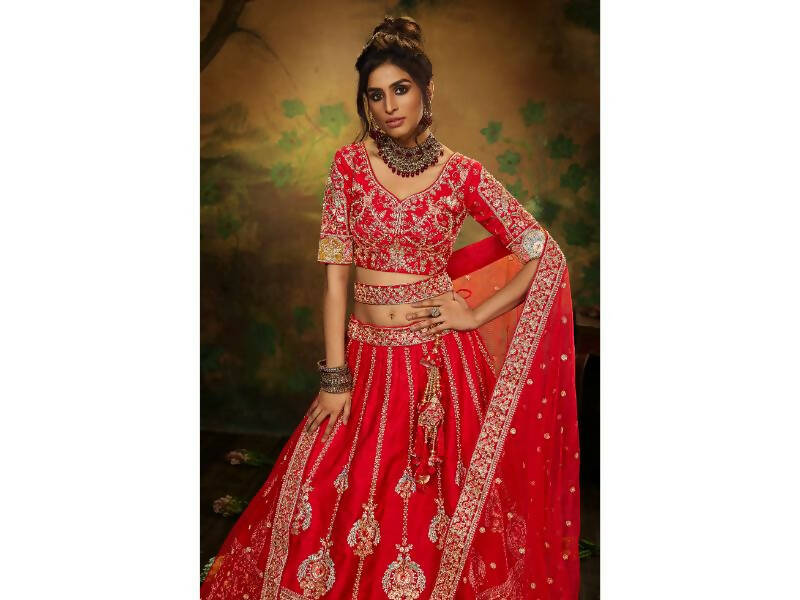 House of Panchhi Red Pure Silk Moti & Zarkan heavy embroidery Lehenga choli & Dupatta - Distacart