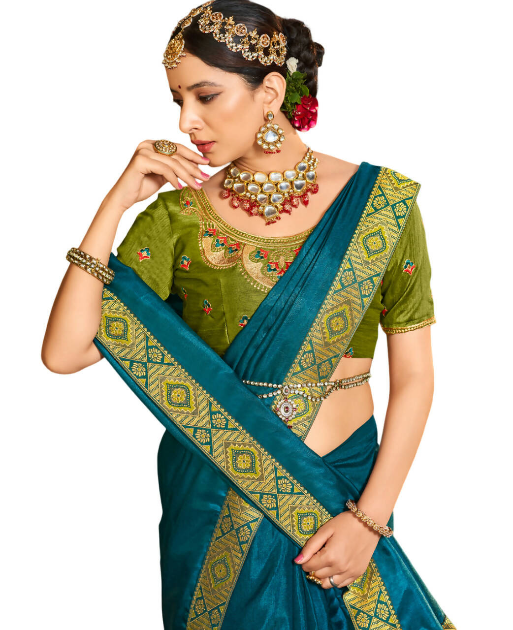Teal Solid Vichitra Saree With Unstitched Blouse Piece - Selena - Distacart