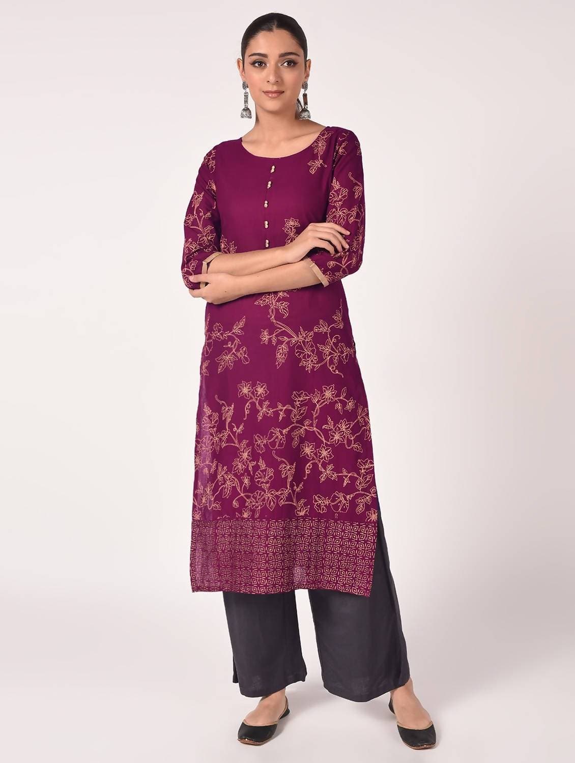 Cheera Hand Block Print Purple Color Straight Kurta