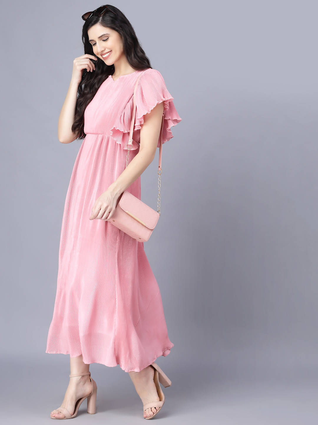 Myshka Chiffon Solid Short Sleeve Round Pink Women Dress - Distacart