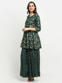 Thumbnail for Rudra Bazaar Green Gold Printed Short Kurti With Skirt - Distacart