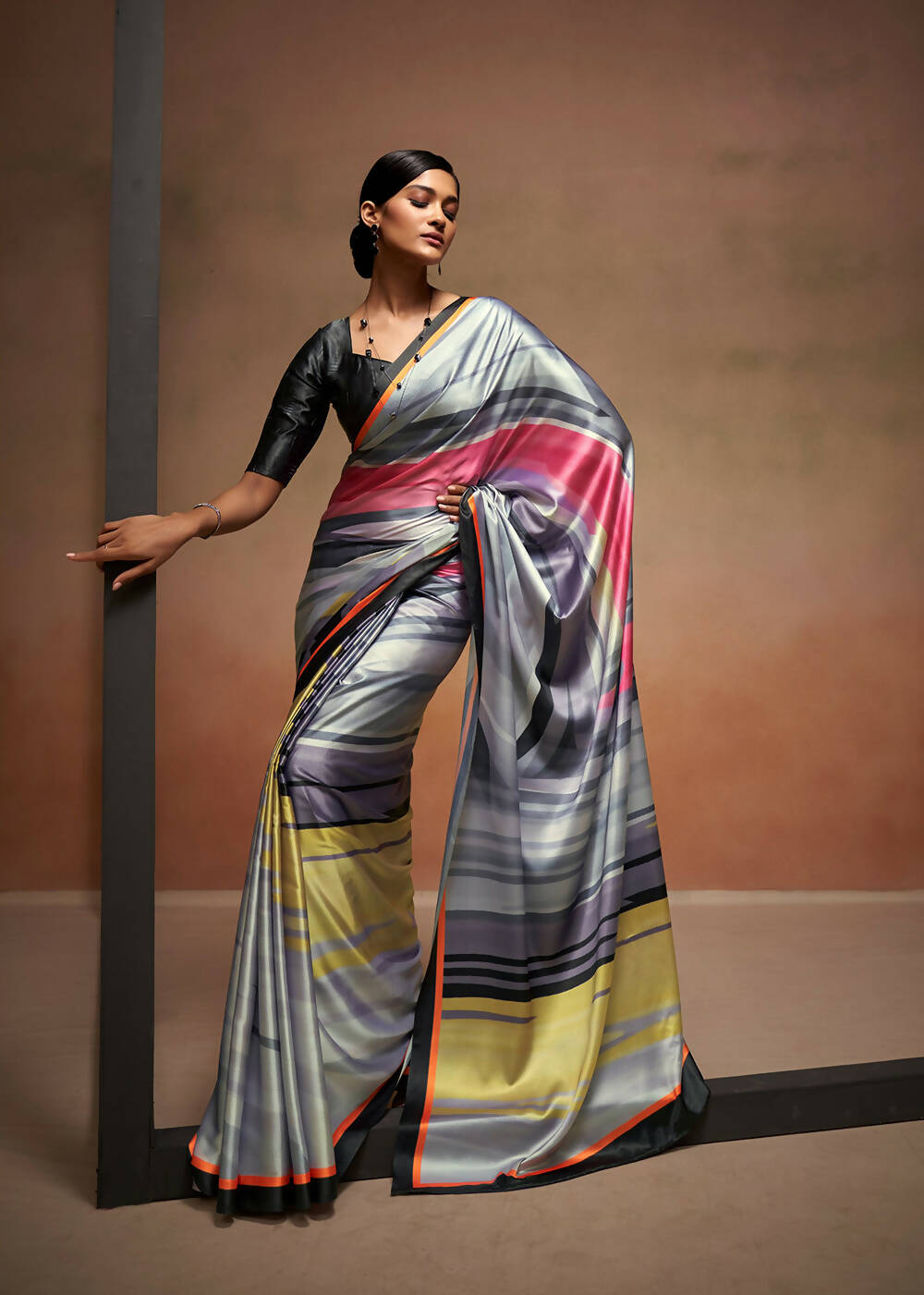 Grey Satin Digital Printed Saree with Unstitched Blouse Piece - Jodha - Distacart