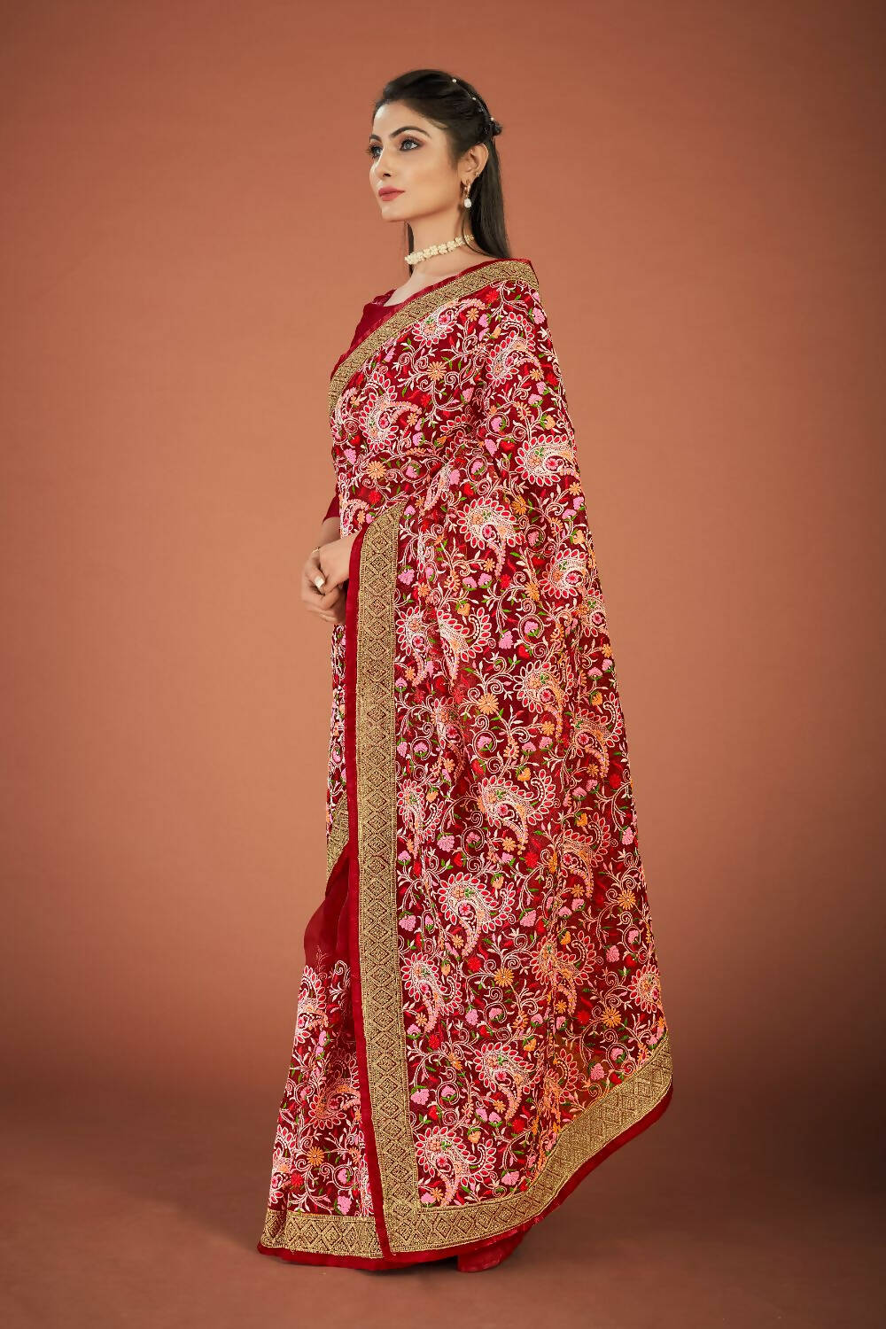 Vamsee Maroon Organza Saree - Distacart