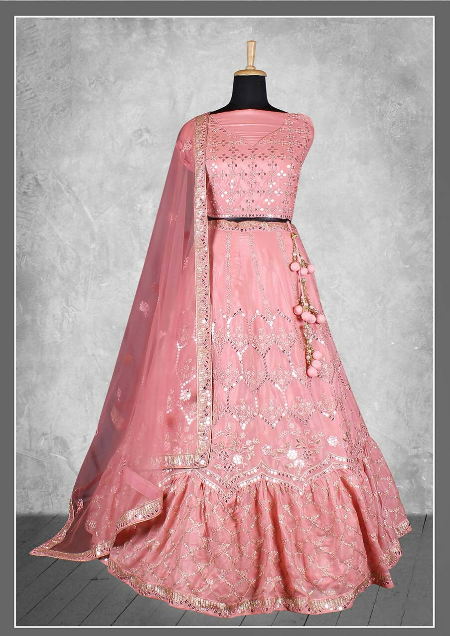 Pink Satin Silk Sequins and cord embroidery, cut work Bridal lahenga Choli with Dupatta - Nimaya Pavitra Rista - Distacart