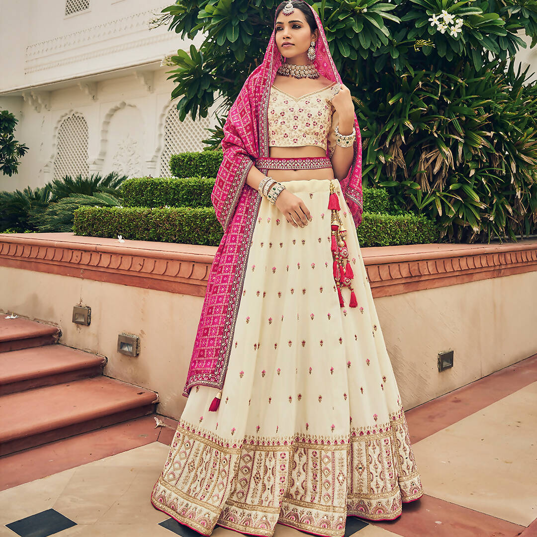 Cream Heavy Viscose Khatli, Embroidery & Mirror Work Unstitched Lehenga Choli - Sisha Keshav - Distacart
