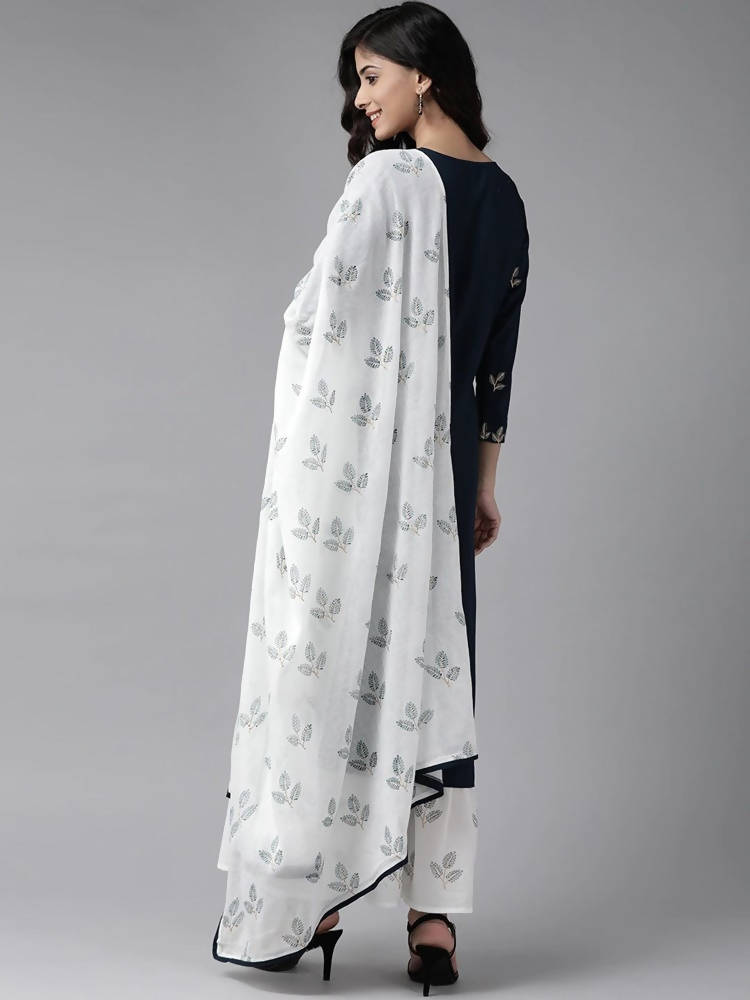 Yufta Women Navy Blue & White Embroidered Kurta with Palazzo & Dupatta