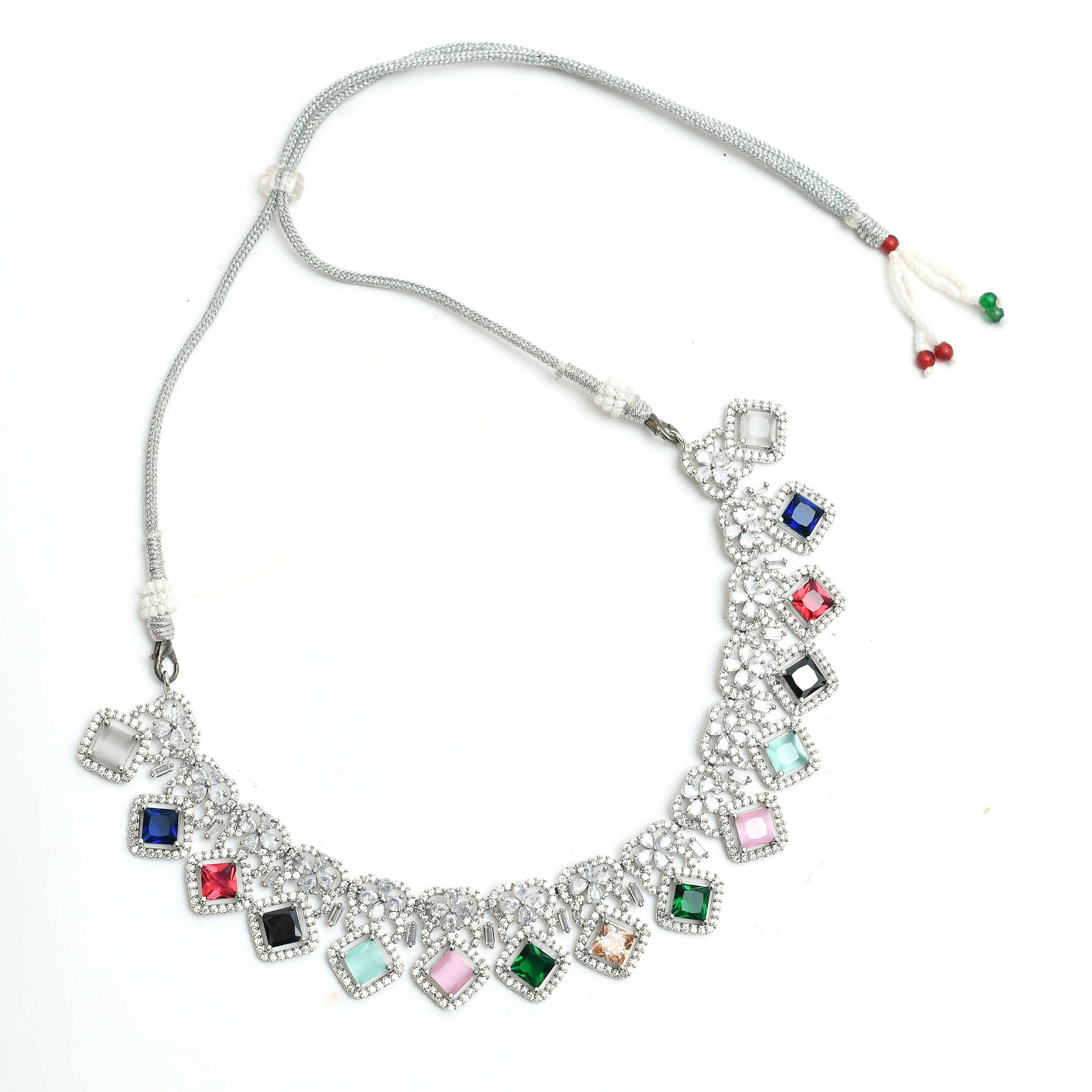 Mominos Fashion Johar Kamal Women Silver-Plated American Diamond Multi Colour Choker Set - Distacart