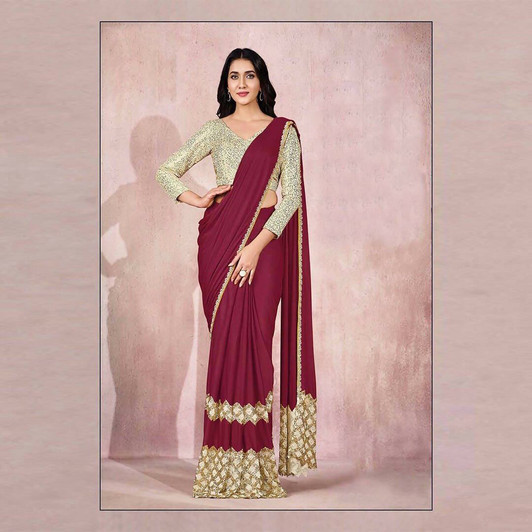 Maroon Lycra Embroidery Designer Saree With Blouse - Mohmanthan Sitaarah - Distacart