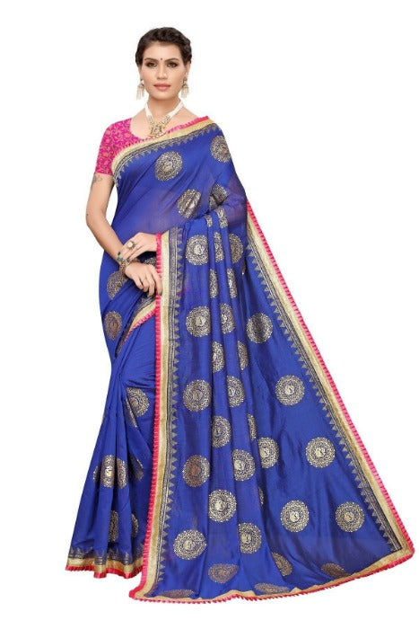Vamika Chanderi Cotton Foil Print Blue Saree (GOLDEN BIRD BLUE)