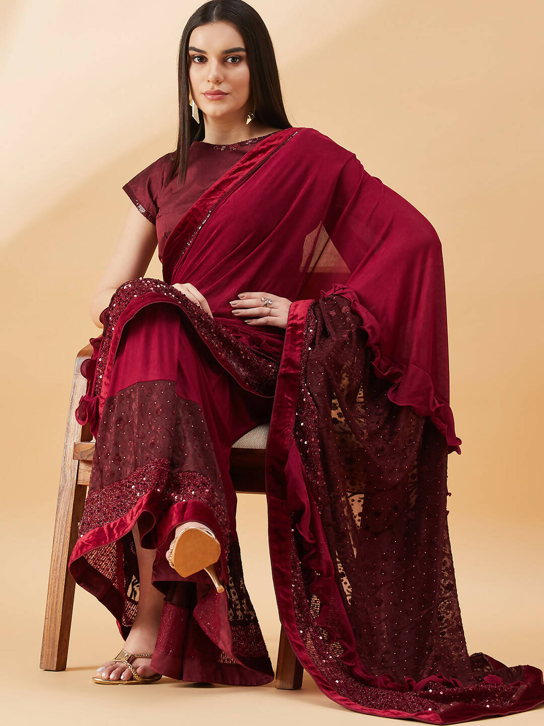 Maroon Lycra Embossed Fancy Velvet, Sequins Embroidery, Frill Details Saree - Norita Hit Design - Distacart
