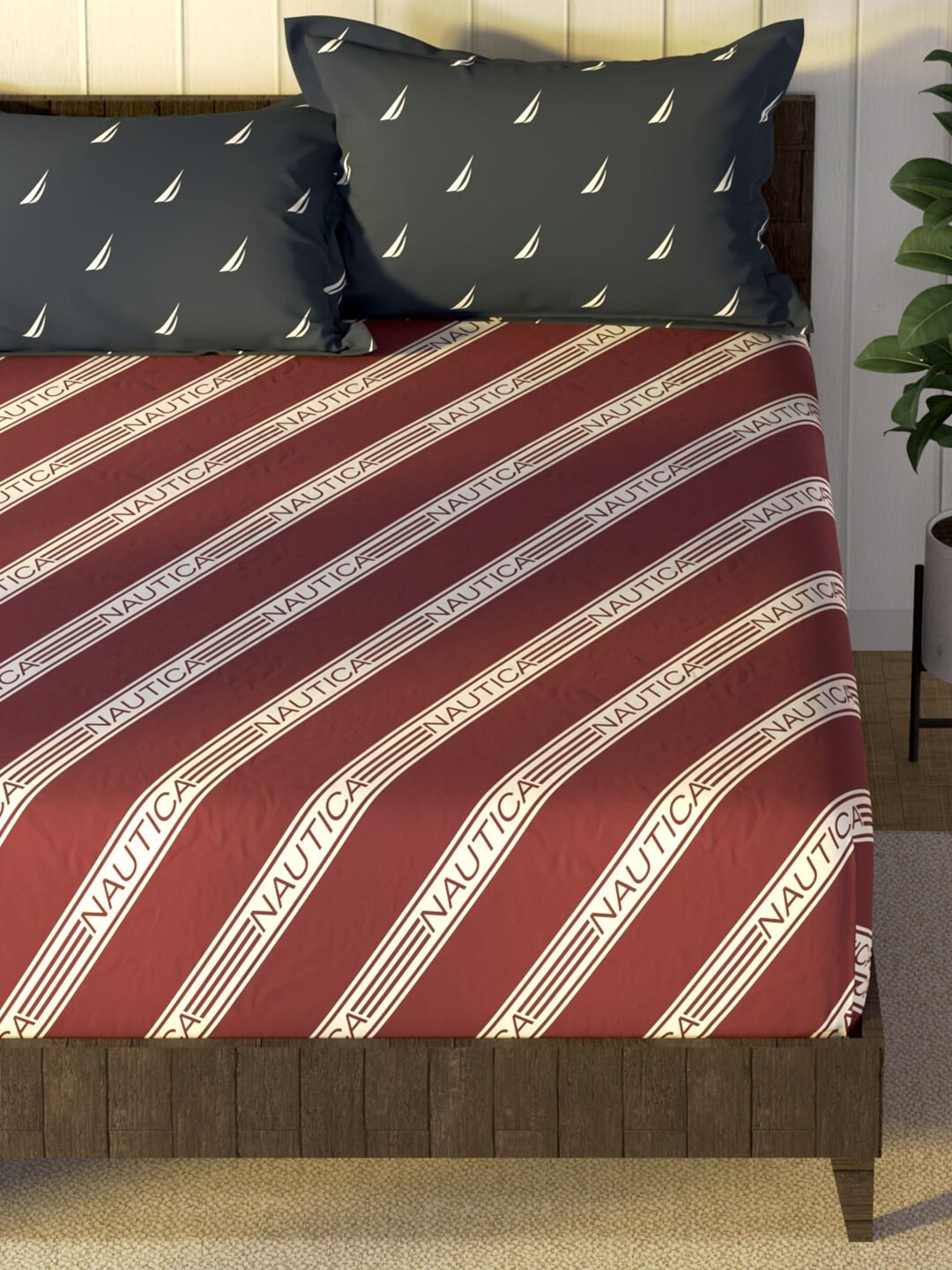 Nautica Noridge Red & White Printed Cotton 160 TC King Bedsheet with 2 Pillow Covers - Distacart