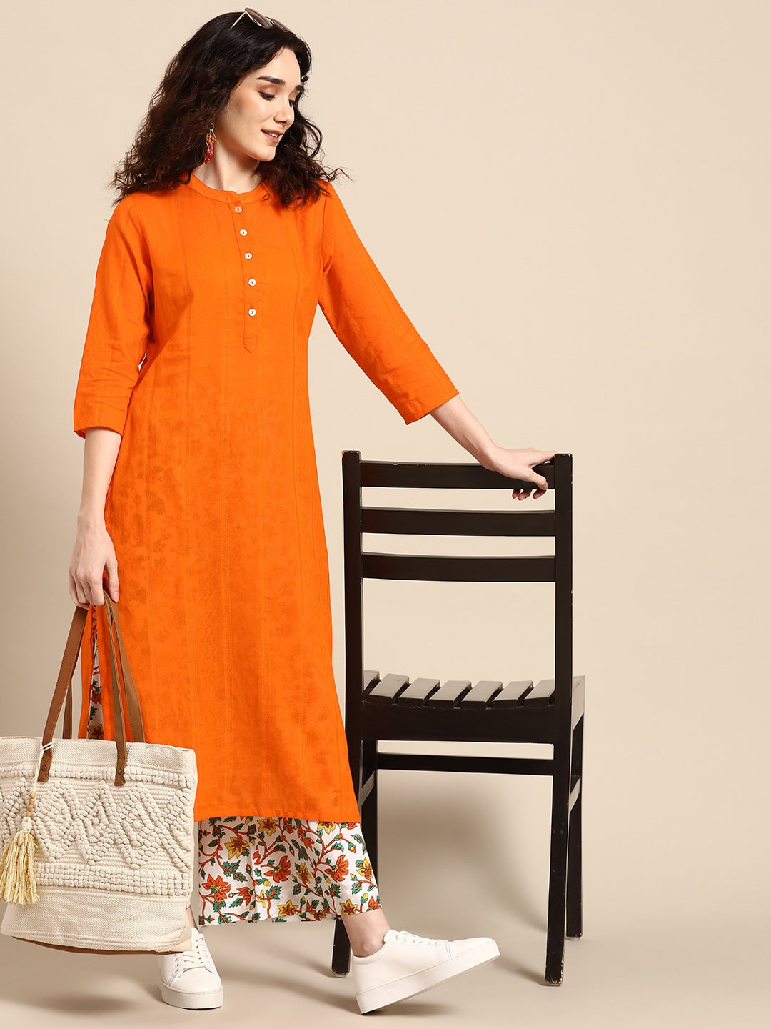 Sangria Women Orange Pure Cotton Kurta with Palazzos - Distacart