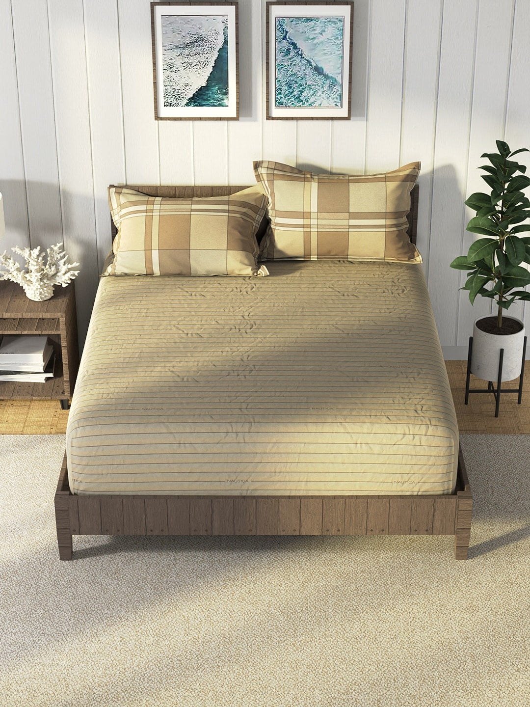 Nautica Brown & Brown Striped Cotton 160 TC King Bedsheet With 2 Pillow Covers - Distacart