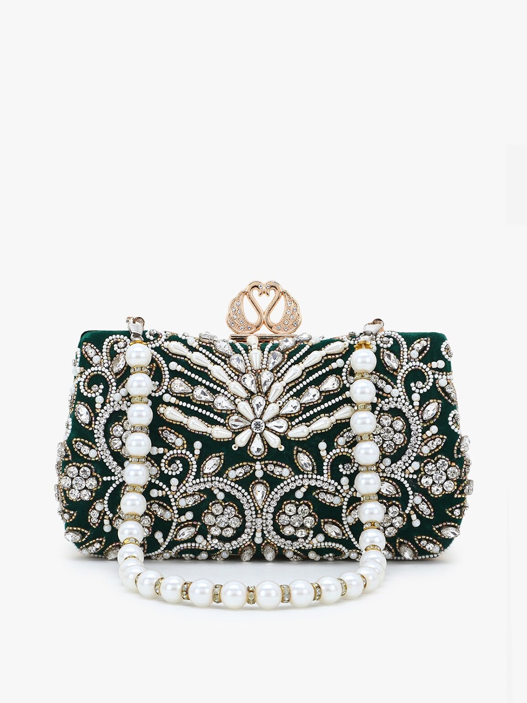 Anekaant Green & White Embellished Velvet Box Clutch - Distacart