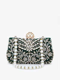 Thumbnail for Anekaant Green & White Embellished Velvet Box Clutch - Distacart