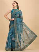 Thumbnail for Sangria Teal & White Floral Embroidered Organza Saree - Distacart