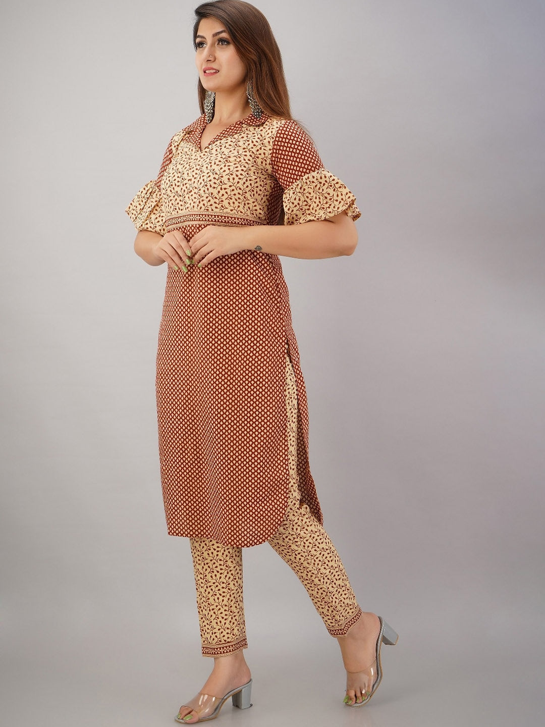 HERE&NOW Maroon & Beige Ethnic Motifs Printed Shirt Collar Kurta with Trousers - Distacart