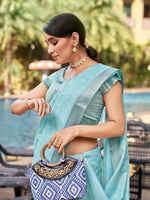 Thumbnail for Mitera Blue & Silver-Toned Floral Embroidered Zari Pure Linen Banarasi Saree - Distacart
