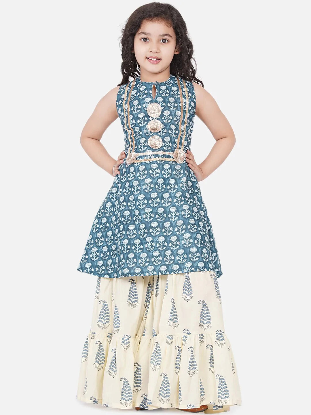 NOZ2TOZ Blue Floral Printed Pleated Kurta with Skirt For Girls - Distacart